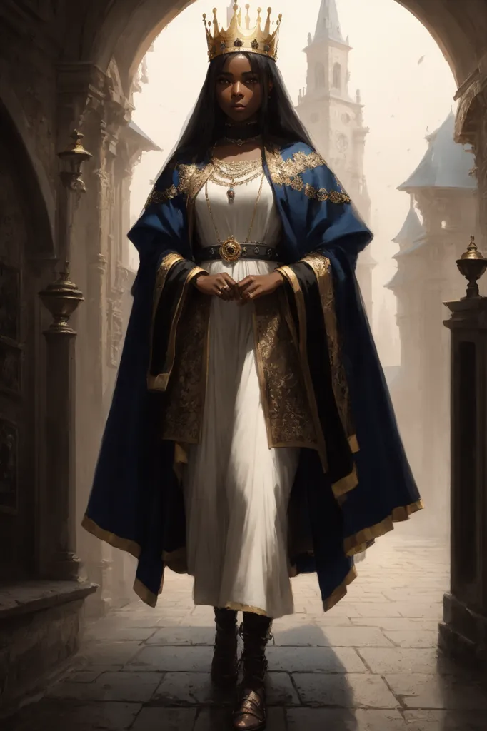 The image is of a black woman wearing a white dress with gold trim and a blue cape lined with gold. She is wearing a gold crown and a necklace with a large jewel in the center. She is standing in a stone archway with a city in the background.