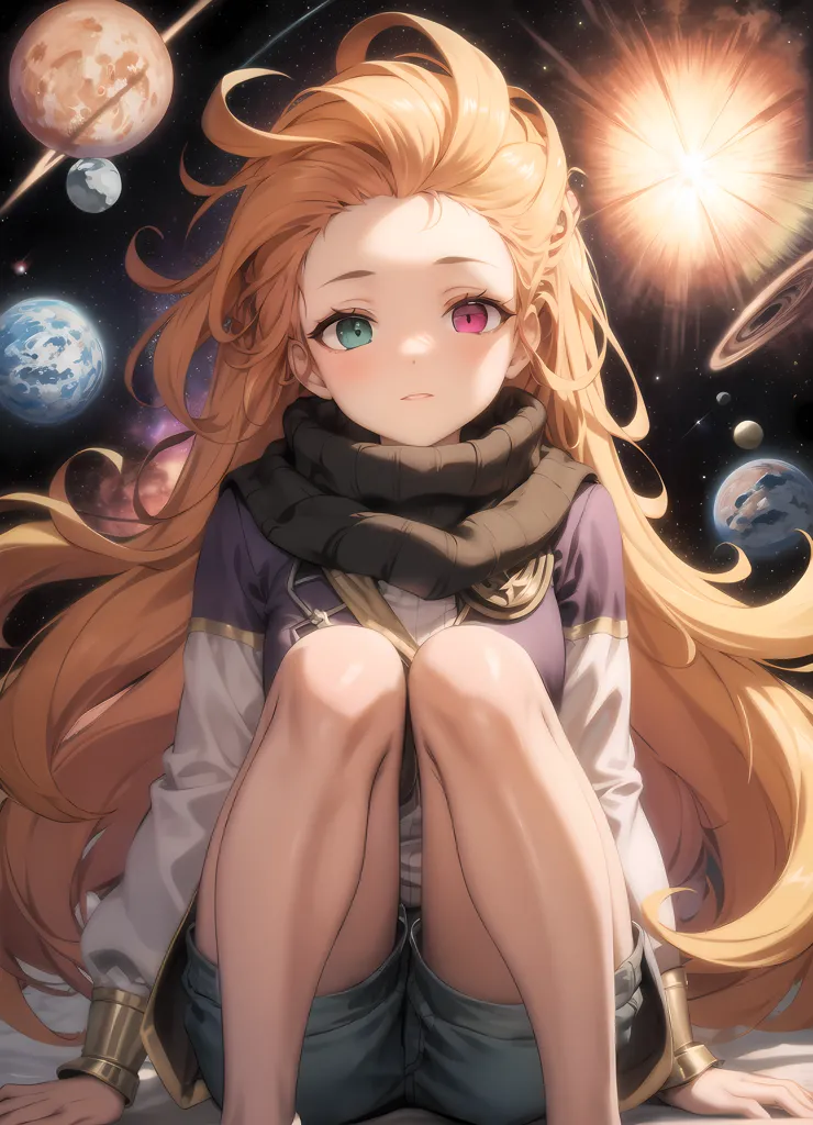 This is an image of a young woman with long, flowing golden hair. She is sitting with her knees drawn up to her chest and her arms wrapped around her legs. She is wearing a white shirt, a brown scarf, and blue shorts. She has a curious expression on her face, and her eyes are wide open. The background is a dark void filled with stars and planets.