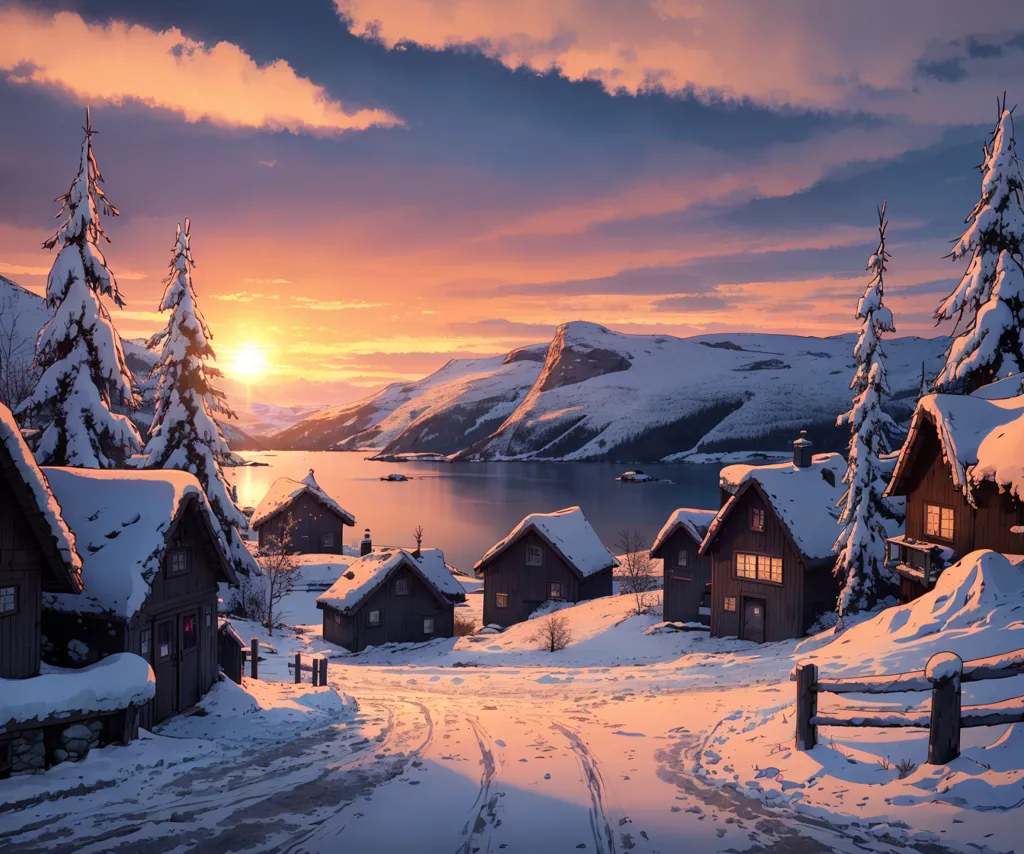 The image shows a beautiful winter landscape with a village of small wooden houses. The houses are covered in snow and there are snow-covered trees and mountains in the background. The sun is setting over a frozen lake, casting a warm glow over the scene. There are footprints in the snow leading up to one of the houses.