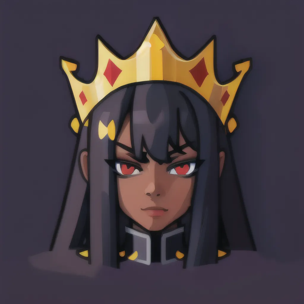 This is a drawing of a young woman with long black hair and red eyes. She is wearing a gold crown with red and yellow jewels. The crown has a heart-shaped top and there are five diamonds on the crown. She is wearing a dark purple shirt with a white collar. The collar has two gold buttons. She has a serious expression on her face.