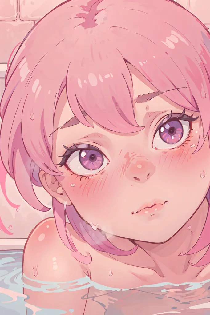 This is an image of a young woman with pink hair and purple eyes. She is sitting in a bathtub full of water. The woman's expression is one of shyness or embarrassment. She is blushing and her eyes are downcast. The woman's hair is wet and her skin is glistening. The background of the image is a blurry pink color.