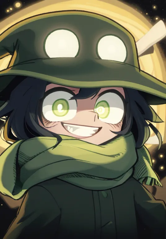 This is an image of a young girl with a creepy smile on her face. She is wearing a hat with two large eyes on it and a scarf around her neck. The background is a dark color with a bright light in the center.