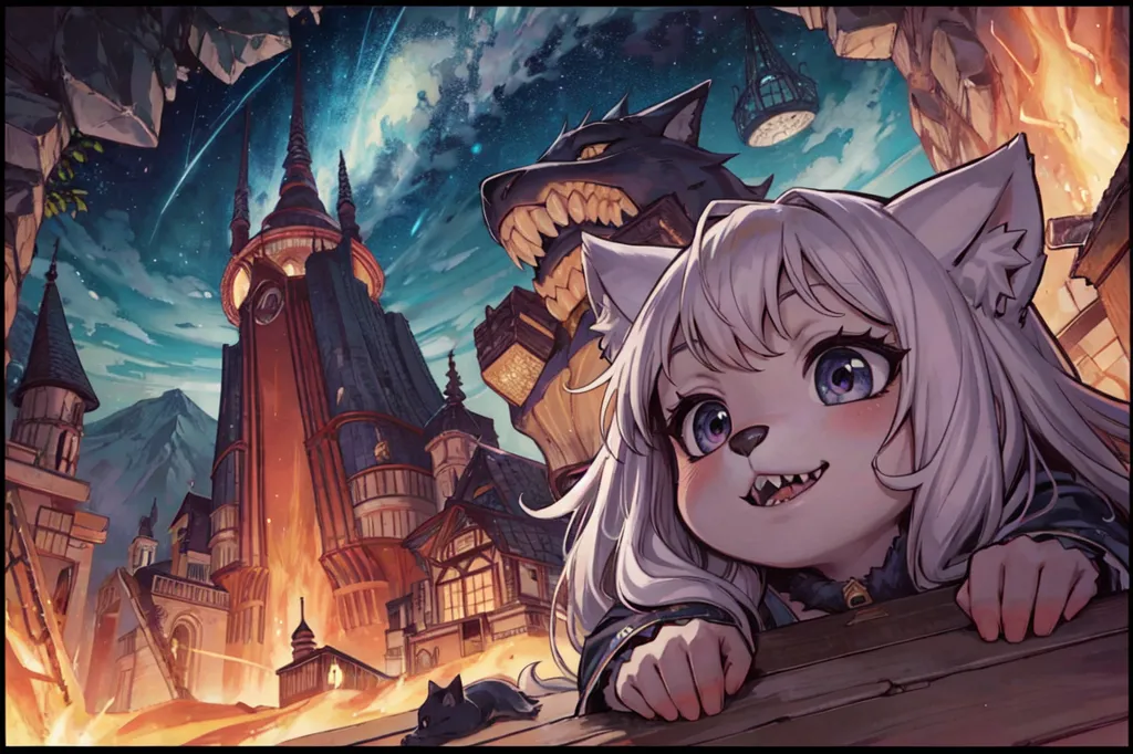 The image is in a fantasy setting. There is a large castle in the background. The castle is made of gray stone and has a clock tower. There are also several other buildings in the background. The buildings are made of wood and have thatched roofs. The sky is dark and there are stars and a crescent moon in the sky. There is a wolf leaning over the edge of a wooden railing. The wolf has black fur and is wearing a collar with a bell on it. There is a girl standing next to the wolf. The girl has white hair and purple eyes. She is wearing a white dress with a blue cape. The girl is smiling and has her hands on the railing. There is a small black cat sitting on the railing in front of the girl.