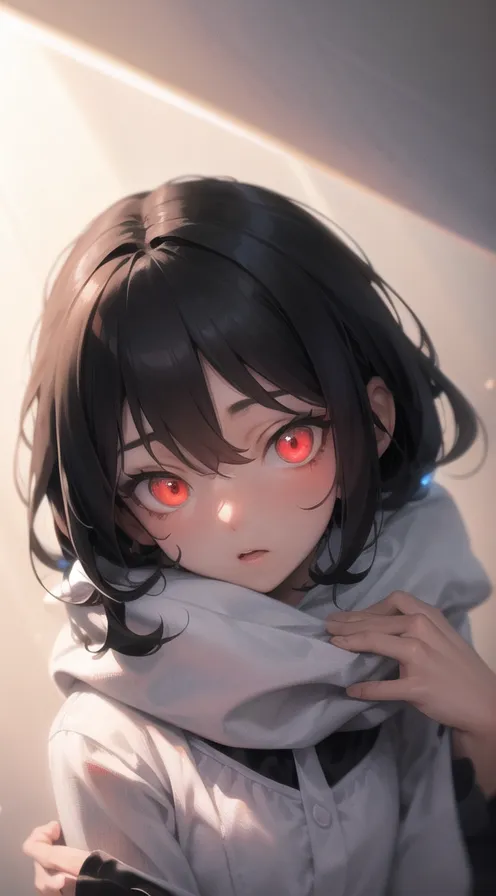 The image is a portrait of a young woman with red eyes. She has short brown hair and is wearing a white shirt. She is looking at the viewer with a slightly worried expression. The background is a blur of light and dark colors.