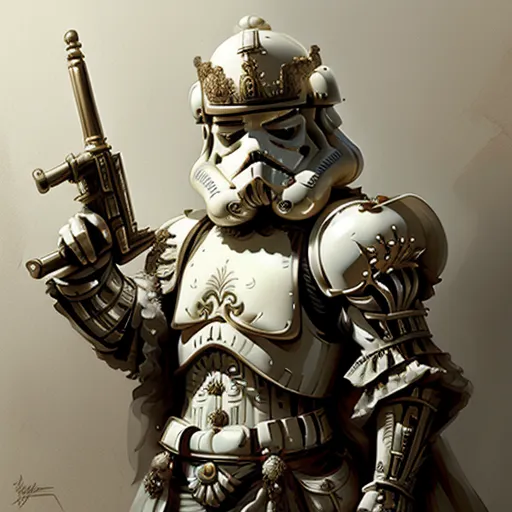 The image shows a stormtrooper from Star Wars. He is wearing white armor with gold trim and a crown on his head. He is also holding a gun.