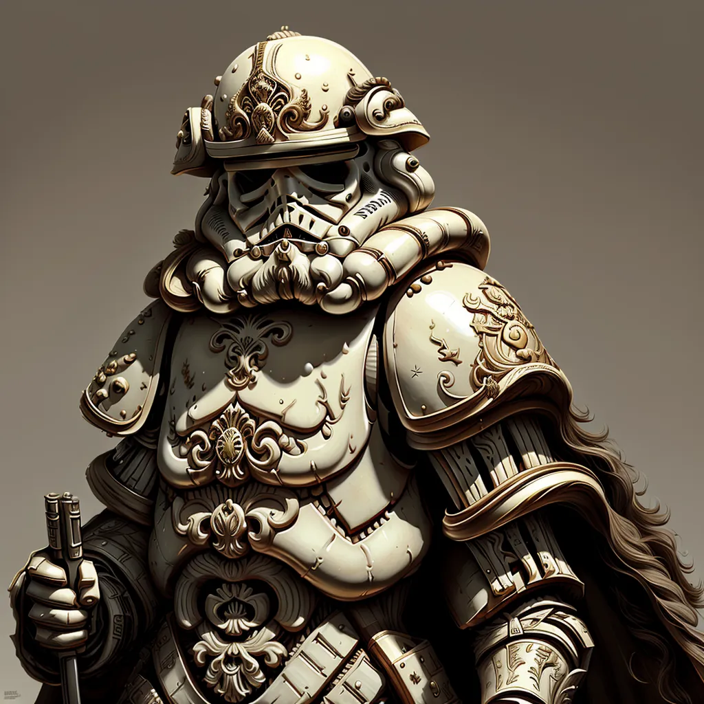 L'image est une peinture d'un samouraï stormtrooper de Star Wars. Le stormtrooper porte une armure de samouraï blanche et dorée avec un casque qui a un visage de crâne avec une mine renfrognée. L'armure est décorée de motifs complexes et le stormtrooper tient une arme à feu. La peinture est réalisée dans un style réaliste et le stormtrooper a l'air très imposant.