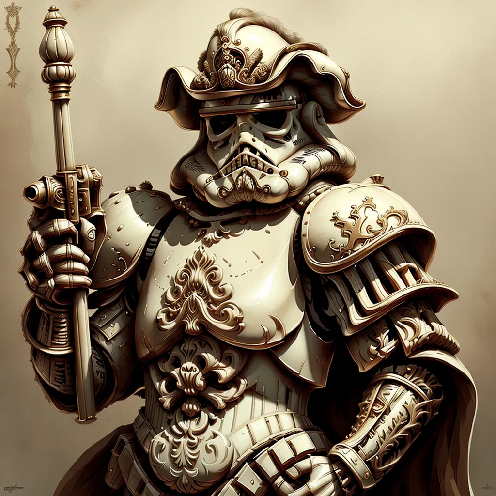 L'image représente un stormtrooper de la série Star Wars. Le stormtrooper porte une armure blanche et dorée ainsi qu'un chapeau à plumes. L'armure est décorée de motifs complexes. Le stormtrooper tient un fusil et un bâton. L'arrière-plan est de couleur brun clair.