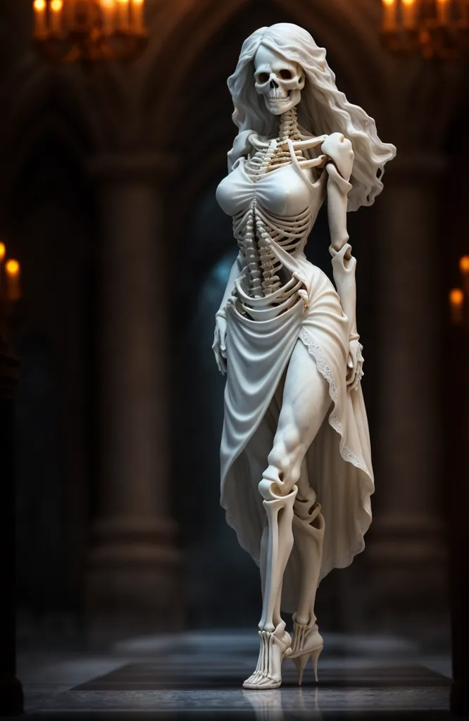 The image is a 3D rendering of a skeleton woman. She is wearing a white dress with a long train. The dress is off her shoulders and exposing her collarbone and shoulders. She is also wearing a pair of white high heels. Her hair is long and flowing, and she is standing in a dark room with a spotlight on her. The background is out of focus and looks like a dark hallway.