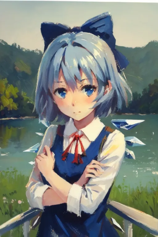 The image is a painting of a young girl with blue hair and blue eyes. She is wearing a white blouse and a blue skirt. She is standing on a pier with a lake in the background. The girl is looking at the viewer with a slightly sad expression.