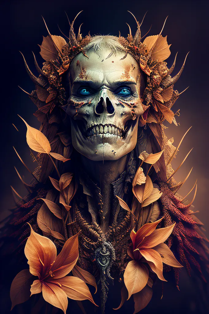 The image is a portrait of a skull with blue eyes. The skull is wearing a crown of leaves and flowers. The background is dark with a spotlight on the skull. The skull is very detailed and realistic. The image is creepy and has a dark feel to it.