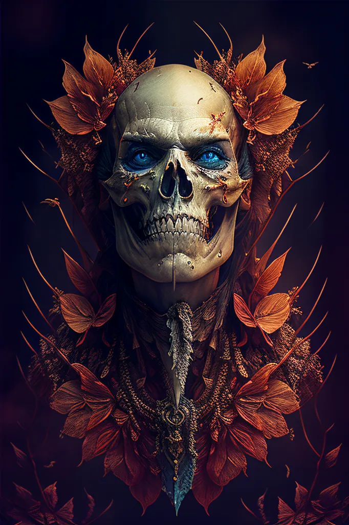 The image is a skull with blue eyes. The skull is decorated with a crown of red and orange leaves and flowers. The skull is also wearing a necklace made of bones and beads. The background is black.