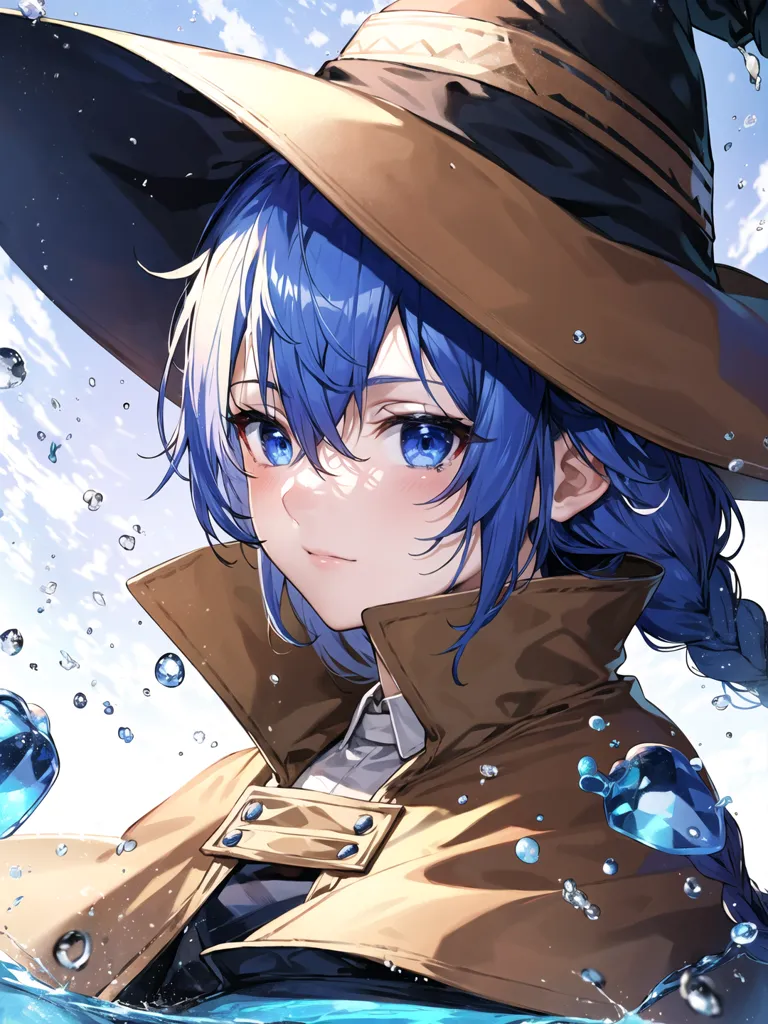 This is an image of a young woman with blue hair and eyes. She is wearing a brown witch hat and a brown coat with a white shirt collar. There are water droplets all around her and she has a shy smile on her face. The background is white with a few clouds.