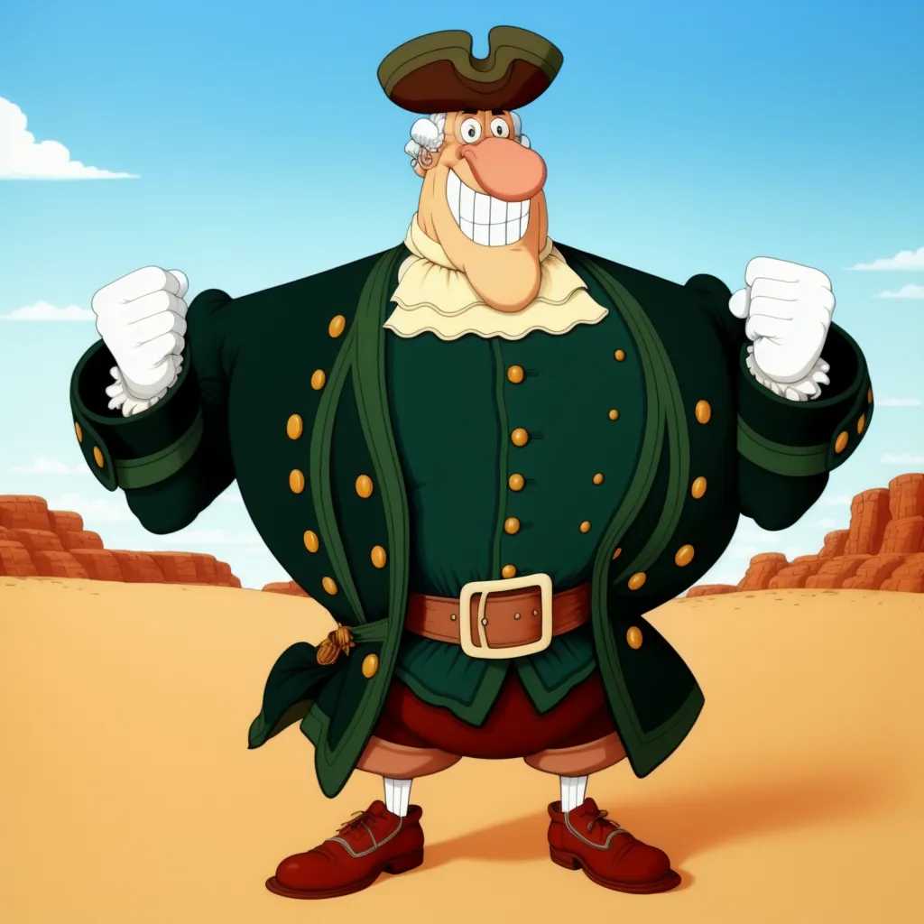 The image shows a cartoon character. He is wearing a green coat with gold buttons and a white wig. He has a big smile on his face and is flexing his muscles. He is standing in a desert landscape with red rocks in the background.