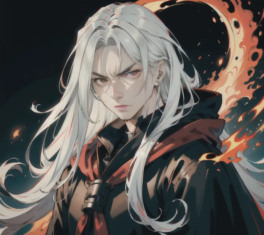 The image is of a young man with long white hair and red eyes. He is wearing a black coat with red trim and a white shirt. He has a serious expression on his face and is looking at the viewer with his left eye. There is a fire-like symbol on the right side of his coat.