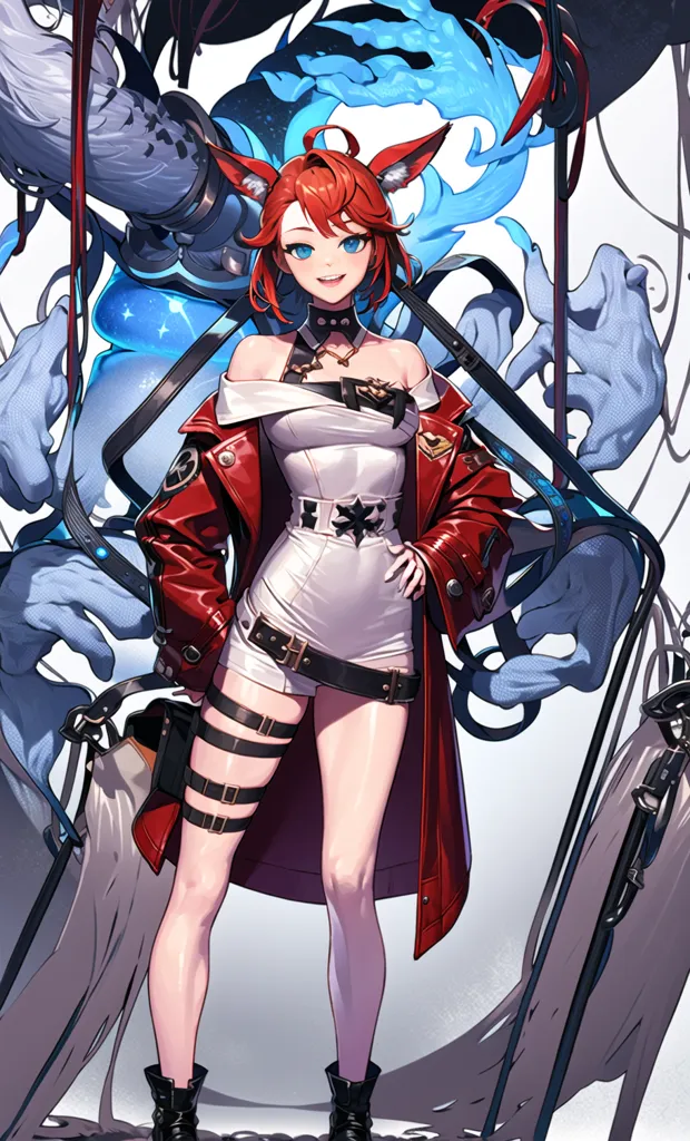 The image is of a young woman with red hair and fox ears. She is wearing a white dress with a red jacket and black boots. She has a confident smile on her face and is standing with one hand on her hip. There are blue and grey spectral hands reaching out from the background toward her.