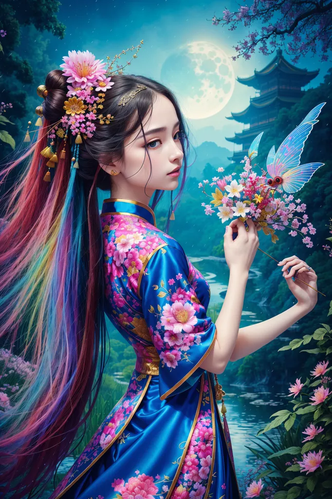 The image is a painting of a young woman in a blue cheongsam with pink and purple flowers. She has long black hair with rainbow-colored highlights and is holding a bouquet of flowers. The background is a blue sky with a full moon and a pagoda. The painting is in a realistic style and the woman is depicted in a realistic way. The colors are vibrant and the image is full of detail.