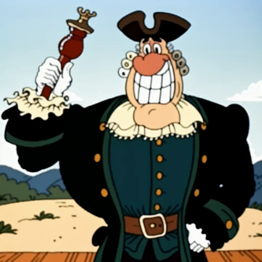 The image shows a cartoon character of a pirate. He is wearing a blue coat with gold buttons and white ruffles at the collar and cuffs. He has a black pirate hat with a white feather, and a gold earring in his left ear. He is holding a scepter in his right hand. He has a happy expression on his face.