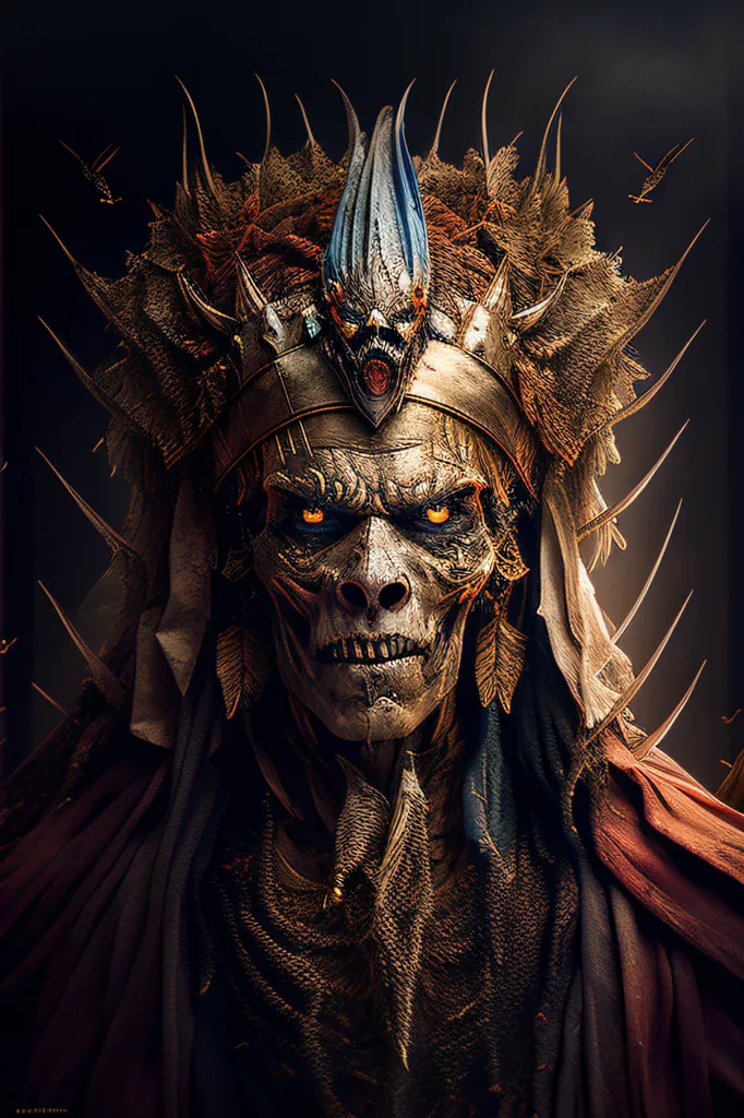 The image is a portrait of a skull with a golden headdress and red and blue cloth. The headdress is made up of a series of spikes, with a skull in the center and two smaller skulls on either side. The red and blue cloth is wrapped around the skull's head and neck. The skull's eyes are glowing orange and there are two small orange lights on either side of its nose. The background is black.