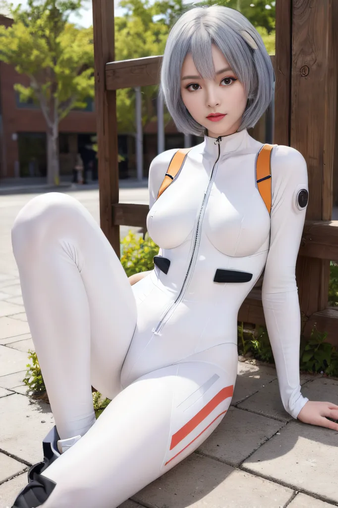 The image shows a young woman with short gray hair and brown eyes. She is wearing a white bodysuit with orange and black details. The bodysuit has a high collar and a zipper in the front. She is also wearing a pair of white boots. The woman is sitting on a wooden fence in an outdoor setting. There are trees and buildings in the background.