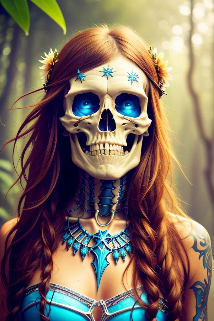 This image is of a skull with blue glowing eyes. The skull is of a woman with long red hair and flowers in her hair. The skull is wearing a blue necklace and a blue and silver bikini top. The background is a blur of green leaves.