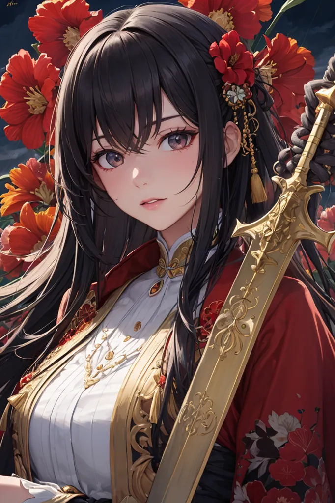 The image is a portrait of a young woman with long black hair and red eyes. She is wearing a red and white cheongsam-style dress with a white collar and gold trim. The dress is decorated with red and white flowers. She is also wearing a gold necklace and a red and gold hairpiece. She is holding a golden sword in her right hand. The background is a blur of red and white flowers.