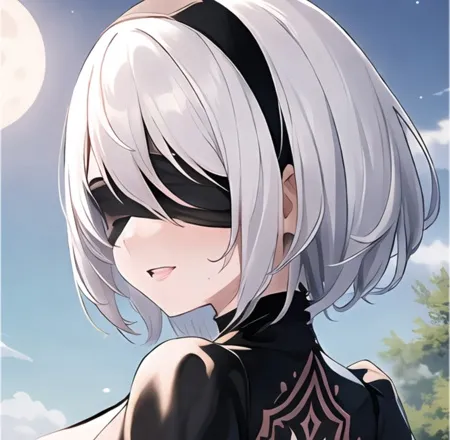 The image is a portrait of a young woman with short white hair and a black blindfold over her eyes. She is wearing a black dress with a white collar. The background is a blue sky with a crescent moon. The woman is smiling.