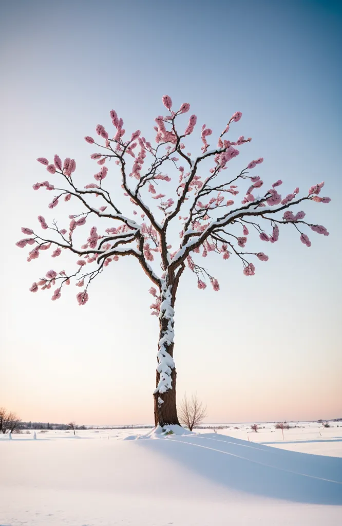 La imagen muestra un árbol cubierto de flores rosadas. El árbol es lo único que hay en la imagen y se encuentra frente a un fondo de nieve. El cielo es de un color azul claro. El árbol está en plena floración y sus ramas están cubiertas de delicadas flores rosadas. La nieve en el suelo es prístina y blanca. La imagen es pacífica y serena, y captura la belleza del invierno.