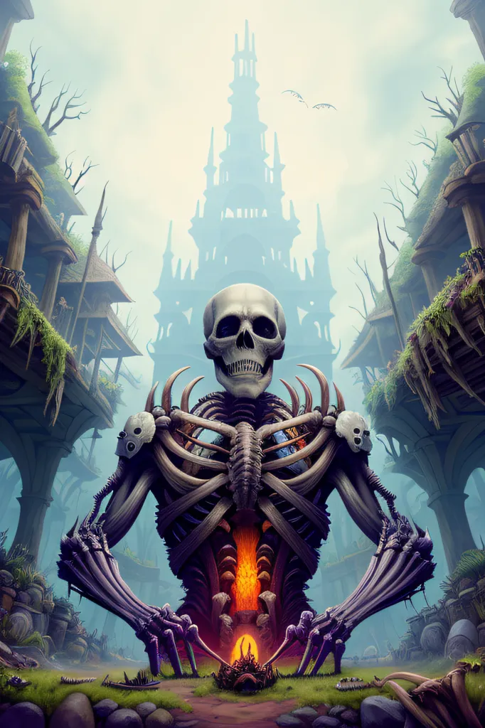 The image is a dark fantasy illustration of a skeletal figure. The skeleton is seated in a meditative pose in front of a ruined castle. The skeleton's eye sockets are empty, and its ribs are exposed. The skeleton's hands are resting on its knees. The background is a ruined castle with overgrown vegetation. The sky is dark and cloudy.