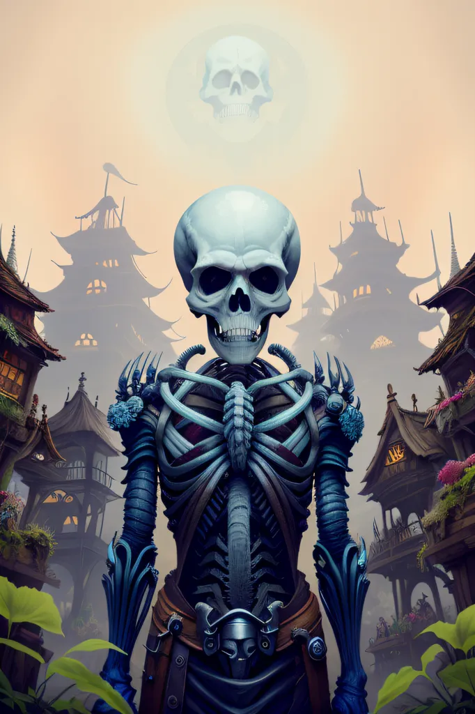 The image is a skeleton wearing blue armor standing in front of a town. The skeleton is holding a sword and shield. The town is made up of wooden houses and there are trees and plants in the background. There is a skull floating above the skeleton's head.