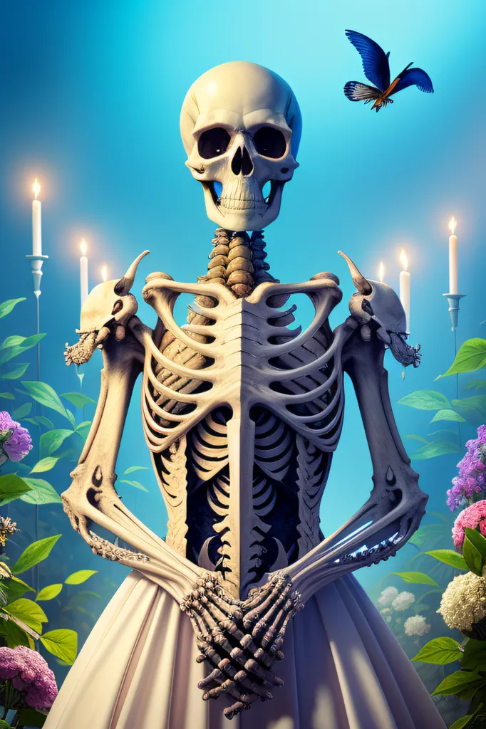 The image is a skeleton of a woman wearing a white dress. The skeleton is standing in a field of flowers, with a butterfly on its shoulder. The background is a blue sky with white clouds. The skeleton is holding its hands together in front of its body. The image is both beautiful and eerie.