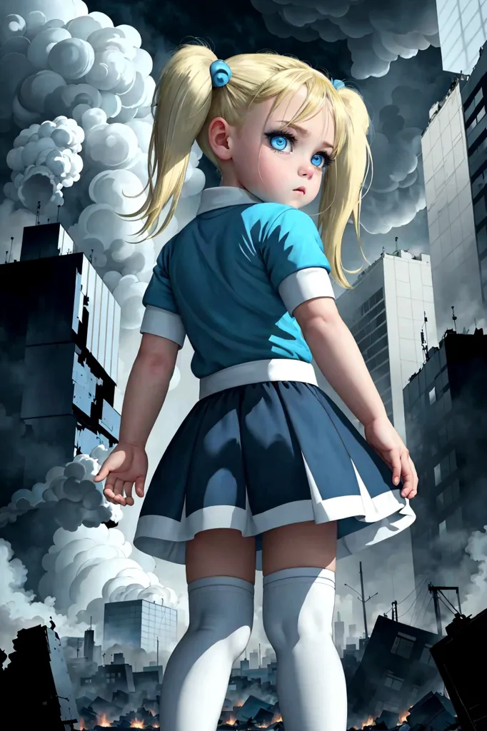 The image shows a little girl standing in a ruined city. The girl is wearing a blue shirt and a blue skirt. She has blonde hair and blue eyes. She is looking at the ruined city with a sad expression on her face. The city is in ruins, with buildings destroyed and smoke rising from the wreckage. The sky is dark and cloudy. The image is post-apocalyptic and depicts the aftermath of a disaster.