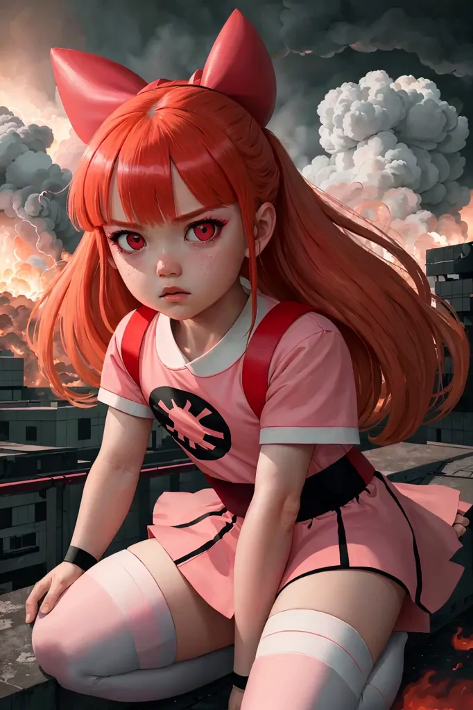 The image shows a young girl with long red hair and red eyes. She is wearing a pink and white dress with a red bow in her hair. She is sitting on a rooftop with a destroyed city in the background. The sky is dark and cloudy. The girl is looking at the viewer with a sad expression on her face.