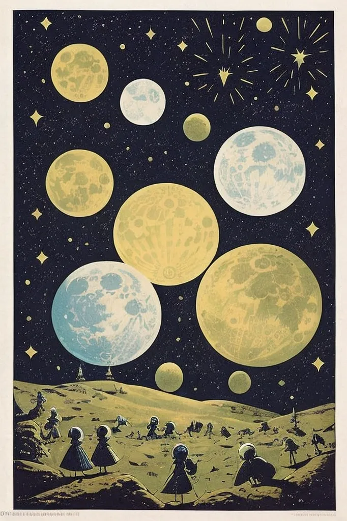 The image is a retro futurism illustration of a group of children in spacesuits on a distant planet. There are nine moons in the sky, and the children are looking up at them in wonder. The moons are all different colors and sizes, and some of them have stars near them. The children are wearing different colored spacesuits. The ground is a light brown color, and there are some hills in the background. The image is full of vibrant colors.