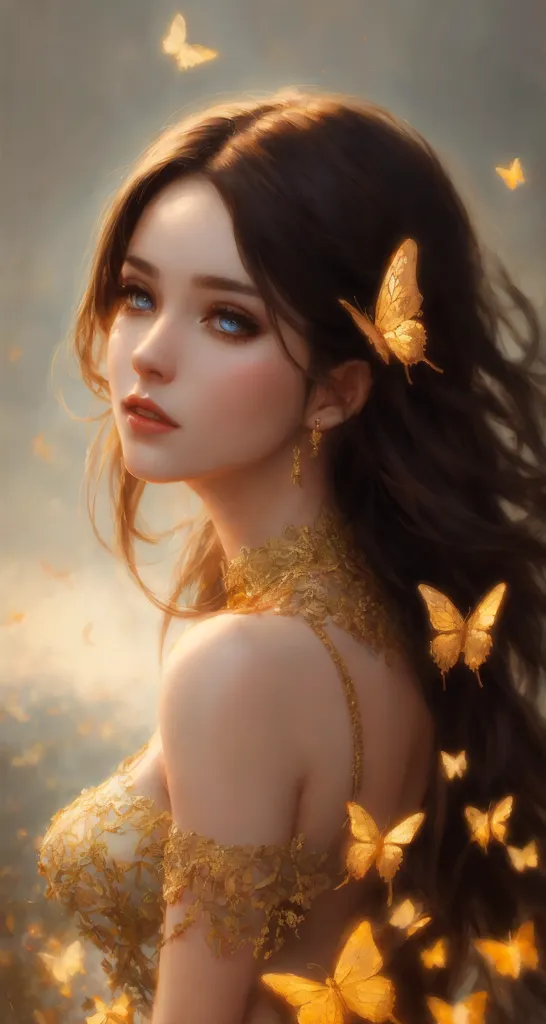 The image shows a beautiful woman with long brown hair and blue eyes. She is wearing a golden dress with a white camisole underneath. There are butterflies in her hair and around her. The background is blurry and looks like a forest.