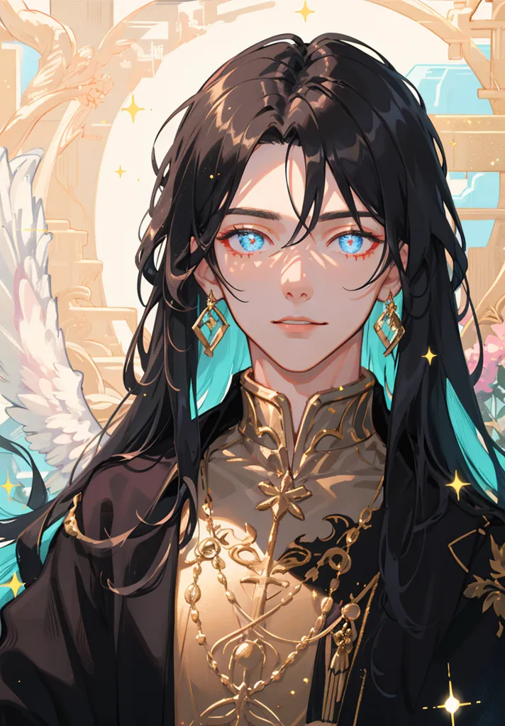 The image is a painting of a young man with long black hair and blue eyes. He is wearing a black and gold outfit and has a wing on his right side. There are also some white and pink flowers on the right side of the image. The background is a light yellow color.