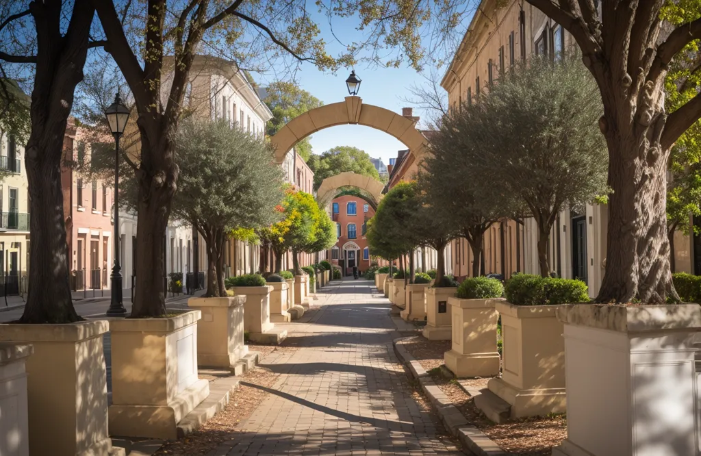 The image is a long and narrow street with a row of trees on either side. The trees are planted in large planters and there are matching planters lining the street between the trees. The street is made of red bricks and there is a large archway at the end of the street. The buildings on either side of the street are made of brick and have a variety of architectural styles.