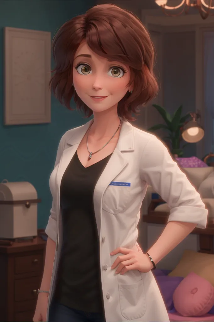 The image shows a young woman, with brown hair and green eyes. She is wearing a white lab coat over a black shirt. The lab coat has a tag with her name, "Cass Hamada", on it. She is standing with one hand on her hip and the other holding a pen. She has a confident smile on her face. She is standing in a room that is decorated in a modern style. There is a plant in the background.