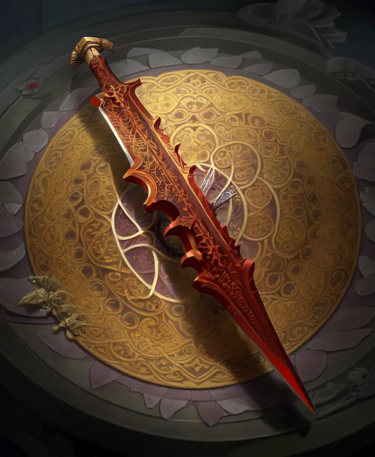 The image is of a red and gold sword with intricate designs on the blade. The sword is lying on a golden plate with a red background. The sword is surrounded by a glowing red light.