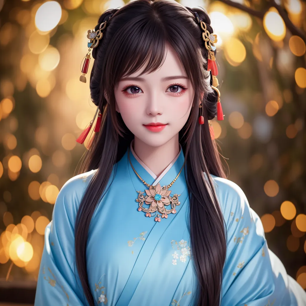 The image shows a young woman with long black hair and bangs. She is wearing a blue hanfu with white and pink flowers and a pink necklace with a flower-shaped pendant. There are also some golden accessories in her hair. The background is blurred and has a bokeh effect with round lights.