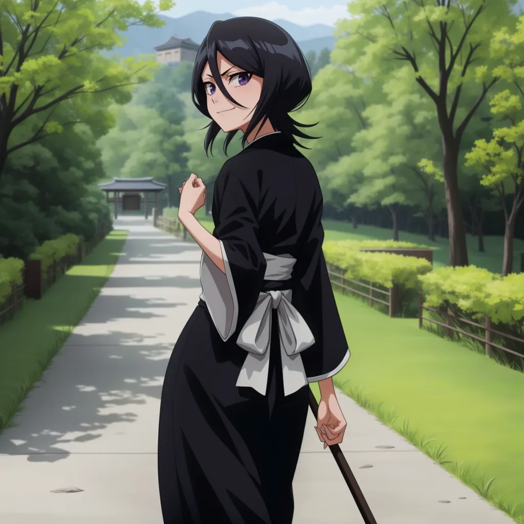 A woman in a black kimono with a white obi sash is walking down a path in a forest. She has long black hair and purple eyes, and she is carrying a sword. The trees are tall and green, and the sun is shining brightly. There is a building in the background. The woman is looking over her shoulder at the viewer with a confident expression on her face.