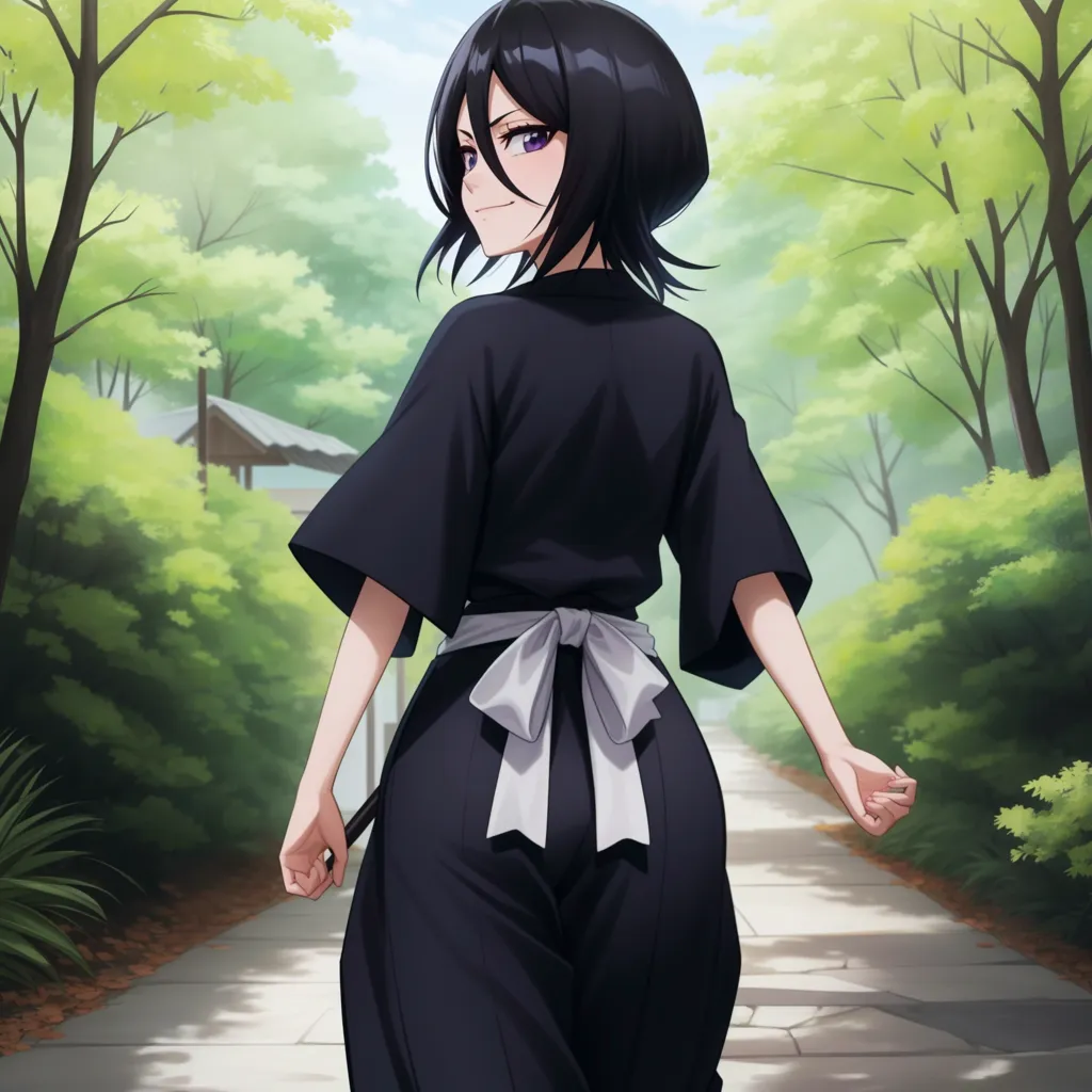 The image is of a young woman with black hair and purple eyes. She is wearing a black kimono with a white obi sash. She is standing in a forest, surrounded by trees. She is looking back at the viewer with a confident expression.