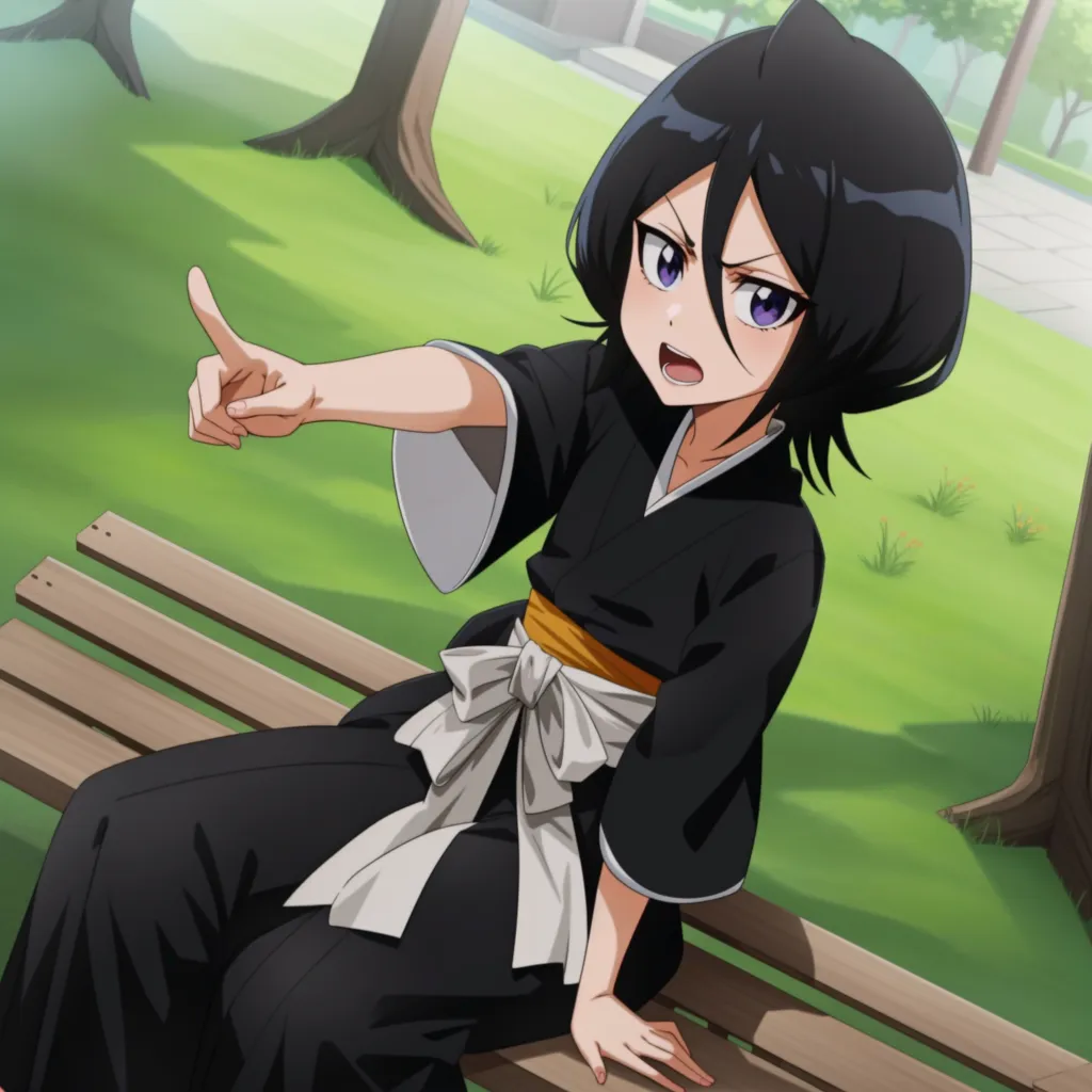 The image contains a young girl with black hair and purple eyes. She is wearing a black kimono with a white obi. She is sitting on a bench in a park, pointing with her right hand. The background is green, with trees and a path. The girl is Rukia Kuchiki from the anime Bleach.