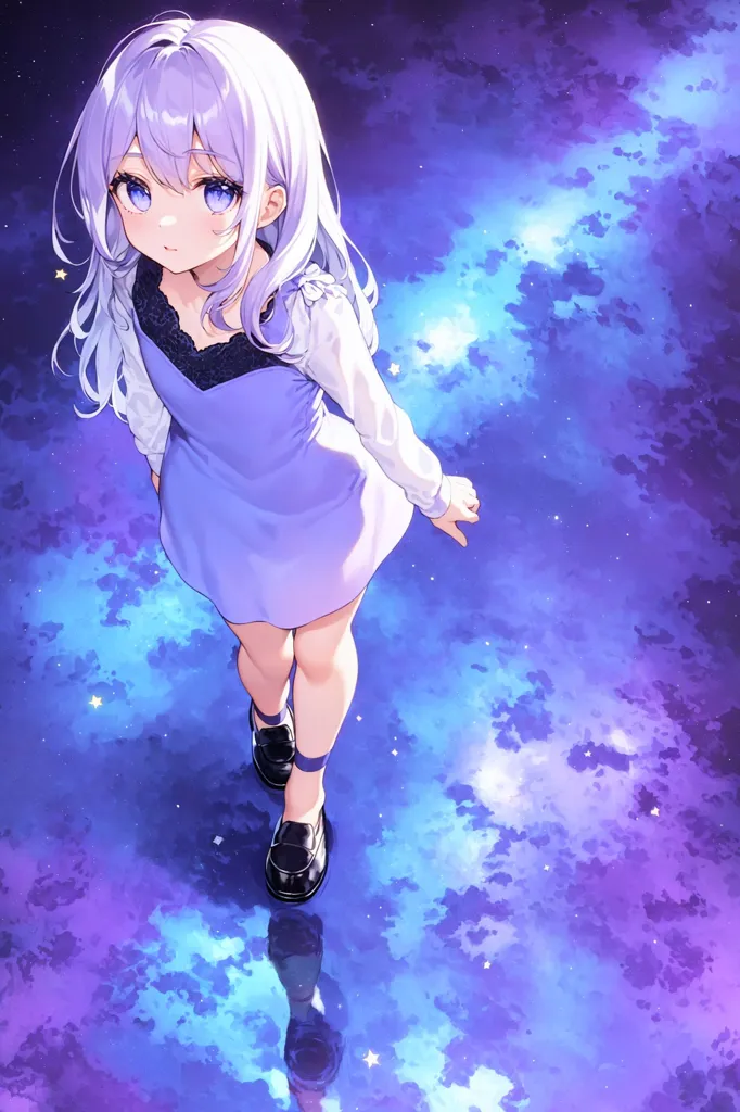 The image is a painting of a young girl with long, flowing purple hair and blue eyes. She is wearing a purple dress and black shoes. She is standing on a starry night sky, and she is looking down at the viewer with a curious expression on her face.