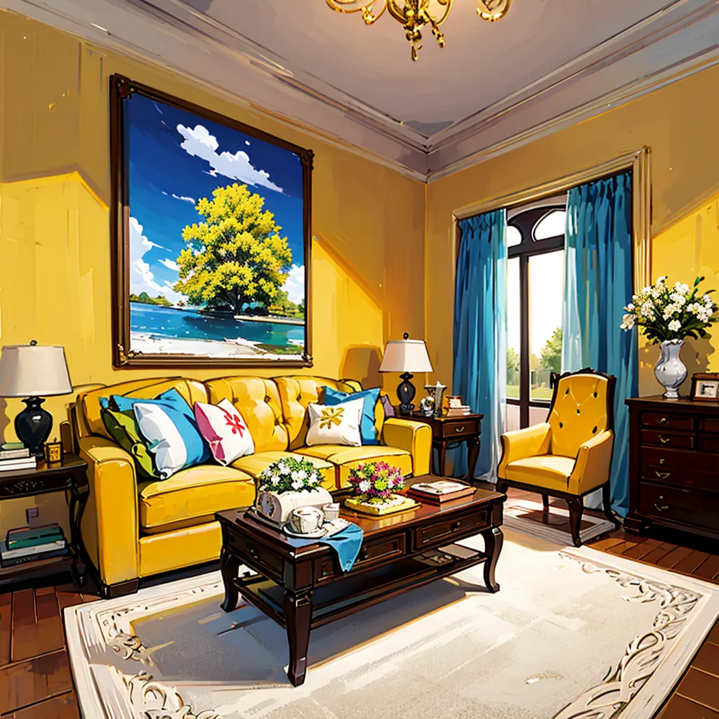 The living room is decorated in a warm and inviting style. The walls are painted a sunny yellow color, and the furniture is upholstered in a soft, beige fabric. The hardwood floors are covered in a thick, Persian rug, and the windows are dressed in elegant, blue curtains. There is a large, comfortable sofa, a pair of armchairs, and a coffee table in the center of the room. The sofa is decorated with a variety of cushions and pillows, and there is a vase of fresh flowers on the coffee table. The walls are decorated with a few pieces of artwork, including a painting of a tree and a mirror. The living room is a bright and inviting space that is perfect for relaxing or entertaining guests.