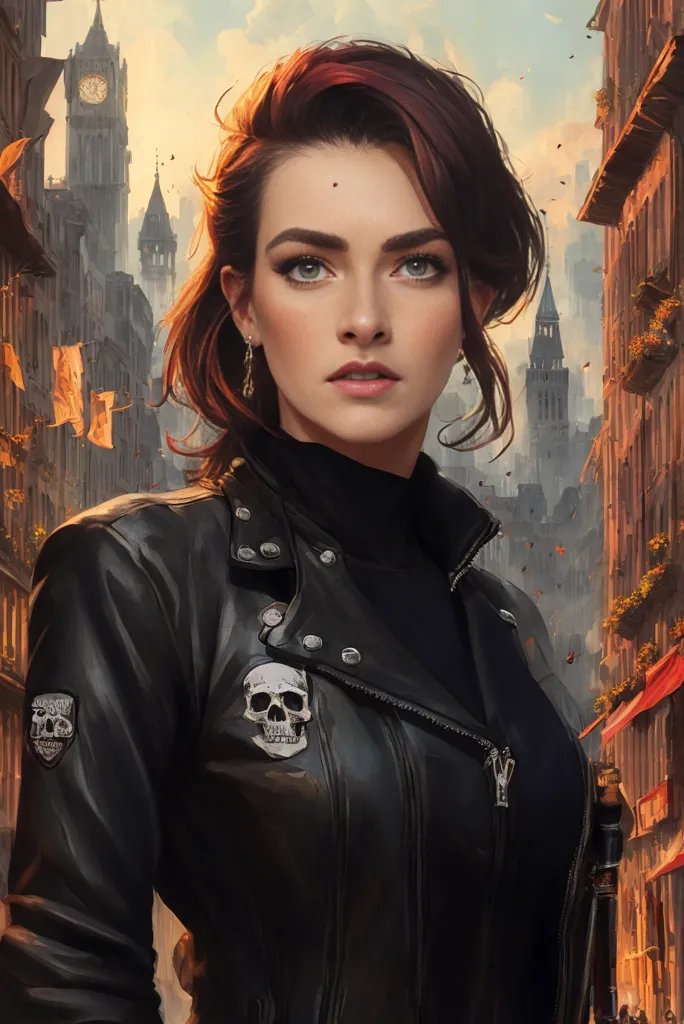 This is an image of a young woman. She has red hair and green eyes. She is wearing a black leather jacket with a skull on the back. The background is a cityscape with a clock tower.