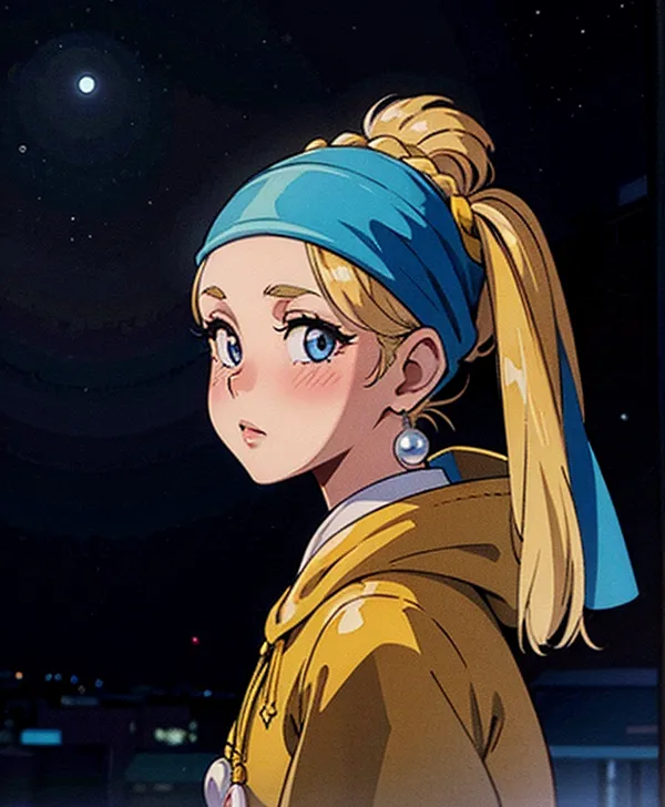 The image is a painting of a young woman with blonde hair and blue eyes. She is wearing a blue headscarf and a yellow jacket. She is standing in front of a dark blue background with a crescent moon in the top left corner. The painting is done in an anime style.