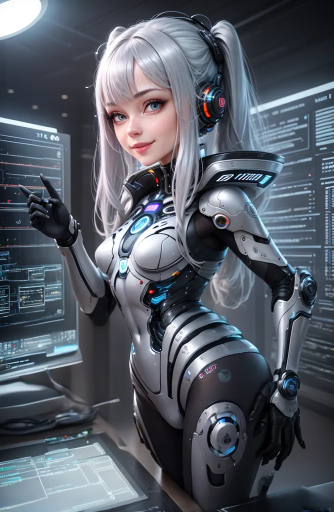 The image depicts a gynoid, which is a fictional female robot. She has pale skin, silver hair tied in a ponytail, and blue eyes. She is wearing a black and silver bodysuit with various technological gadgets and accessories, including a pair of headphones. She is standing in front of a computer terminal, and she is pointing at something on the screen with her right hand.