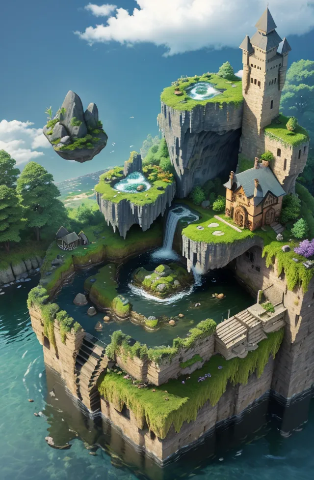 The image is a fantasy illustration of a castle on a floating island. The island is surrounded by a body of water and has a waterfall that cascades down one side. The castle is made of gray stone and has a green roof. There are trees and other vegetation on the island, as well as a small dock with a boat moored to it. The sky is blue and there are some clouds in the distance.