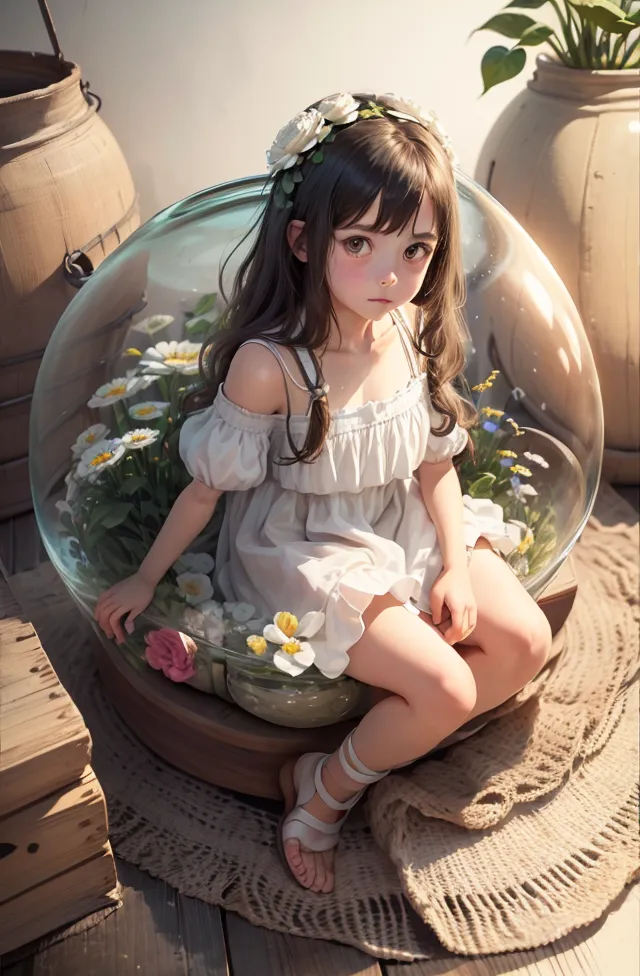 The image is a painting of a young girl sitting in a glass ball. She is wearing a white dress and has a flower in her hair. The ball is filled with flowers and she is sitting on a small wooden chair. The painting is done in a realistic style and the girl's expression is serene.