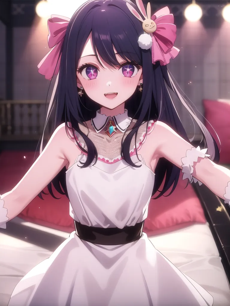 The image shows an anime-style girl with long purple hair and purple eyes. She is wearing a white dress with a pink bow in her hair and a pink and white headband with bunny ears. She is smiling and has her arms outstretched. The background is a blurred pink and white.